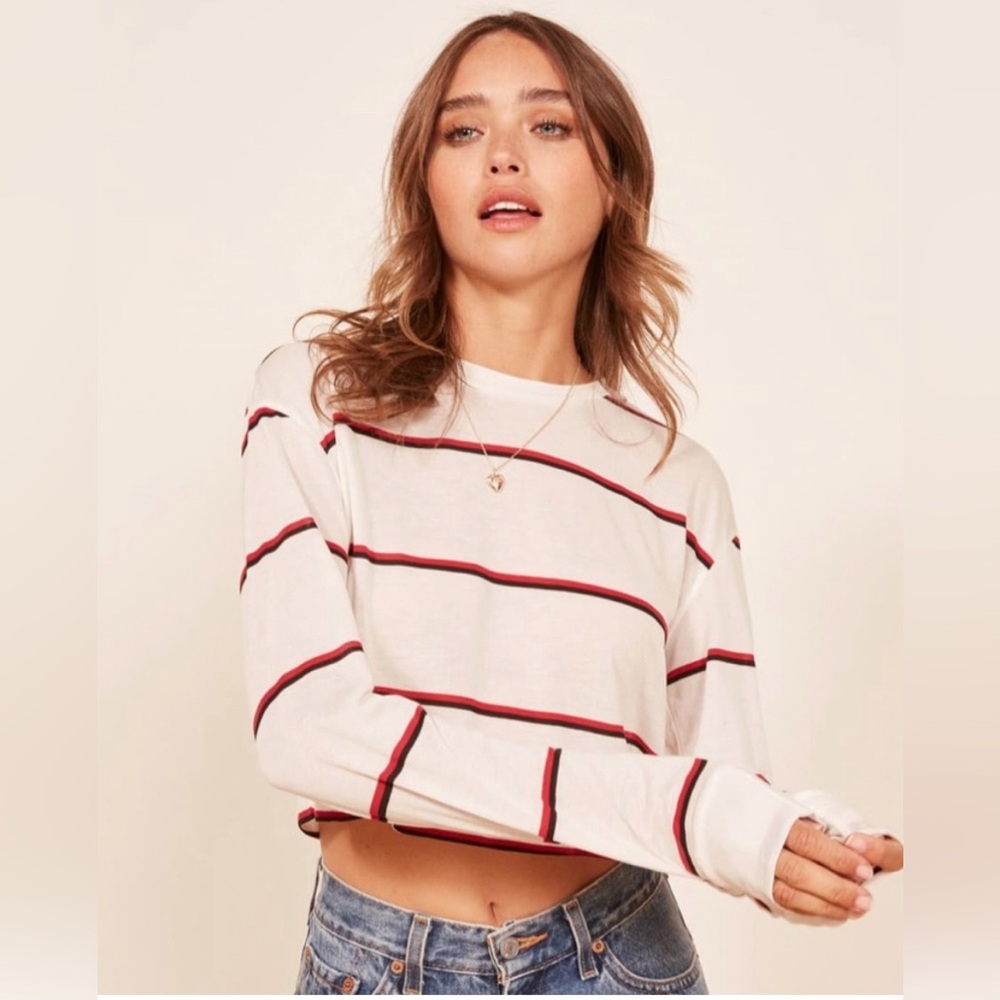 Reformation White Striped Chloe Long Sleeve Crop Top